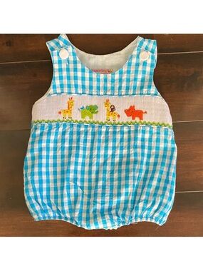 Vintage Blue Gingham Smocked Baby Romper with Animal Embroidery giraffe elephant